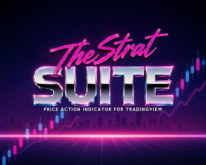 TheStrat Suite logo: chrome and neon lettering over a candlestick chart